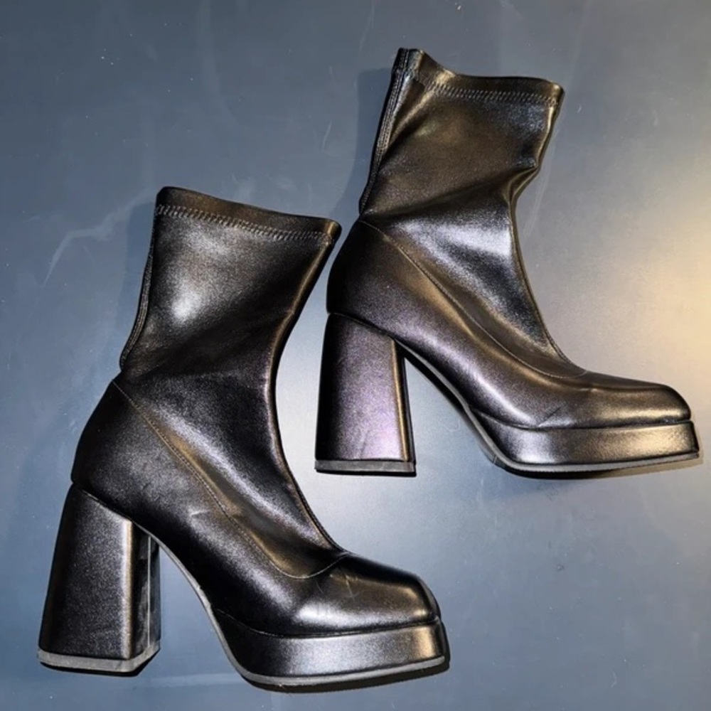 Platform Block Heel Sock Booties in Black